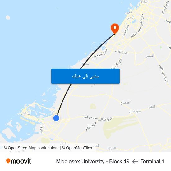 Terminal 1 to Middlesex University - Block 19 map