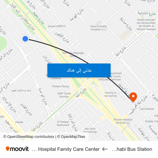 Abu Dhabi Bus Station to Al Noor Hospital Family Care Center map