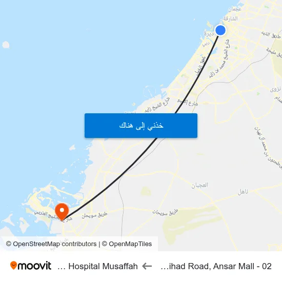 Sharjah, Ithihad Road, Ansar Mall - 02 to Life Line Hospital Musaffah map