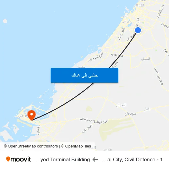 International City, Civil Defence - 1 to Sheikh Zayed Terminal Building map