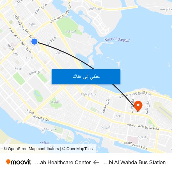 Abu Dhabi Al Wahda Bus Station to Zafaranah Healthcare Center map