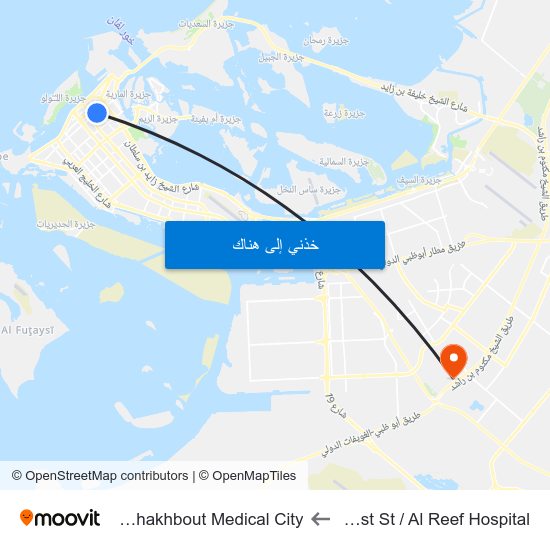 Zayed 1st St / Al Reef Hospital to Sheikh Shakhbout Medical City map