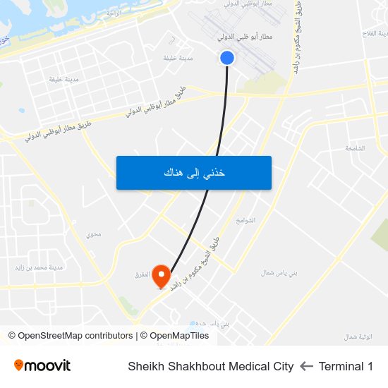 Terminal 1 to Sheikh Shakhbout Medical City map