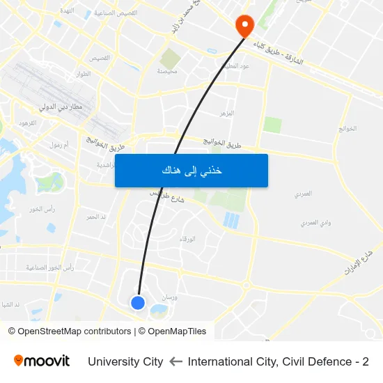 International City, Civil Defence - 2 to University City map