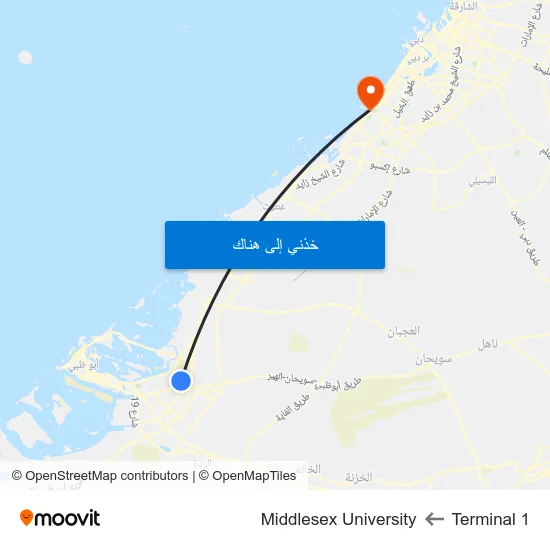 Terminal 1 to Middlesex University map