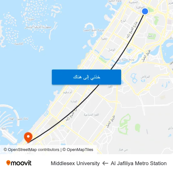 Al Jafiliya Metro Station to Middlesex University map