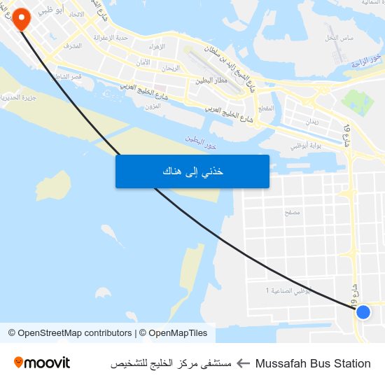 Mussafah Bus Station to مستشفى مركز الخليج للتشخيص map