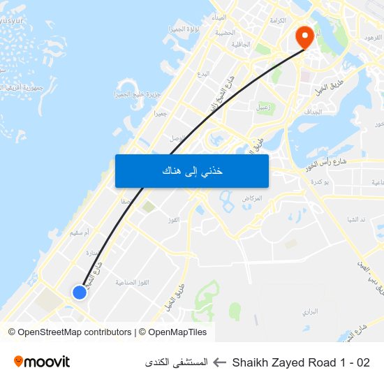 Shaikh Zayed  Road 1 - 02 to المستشفى الكندى map