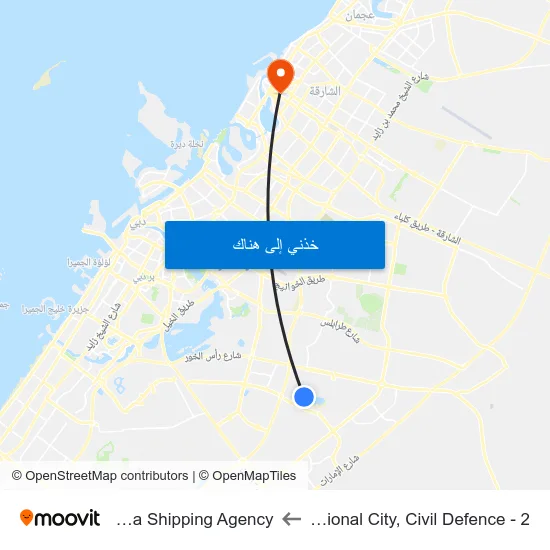 International City, Civil Defence - 2 to Al Sajaa Shipping Agency map
