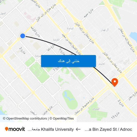 Hazaa Bin Zayed St / Adnoc to Khalifa University جامعة خليفة map