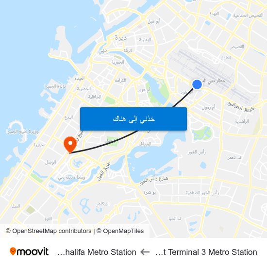 Airport Terminal 3 Metro Station to Burj Khalifa Metro Station map