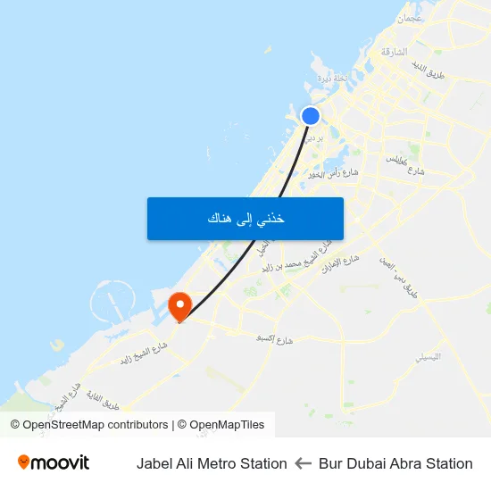 Bur Dubai Abra Station to Jabel Ali Metro Station map