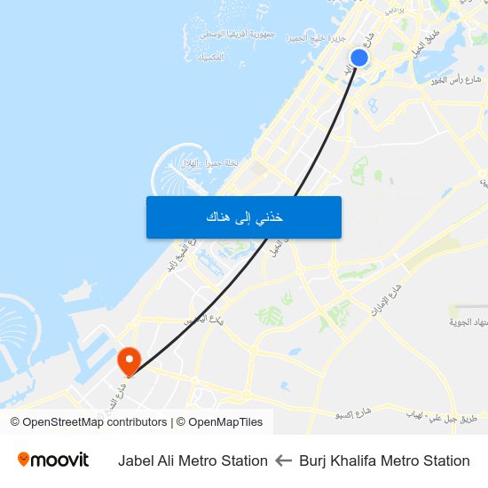 Burj Khalifa Metro Station to Jabel Ali Metro Station map