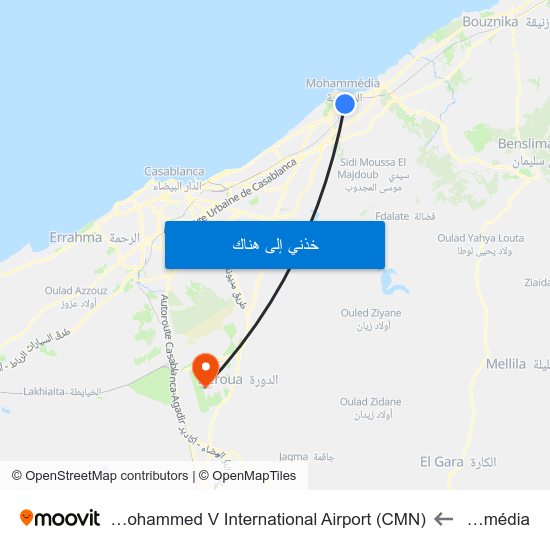 Mohammédia to Mohammed V International Airport (CMN) (مطار محمد الخامس الدولي) map