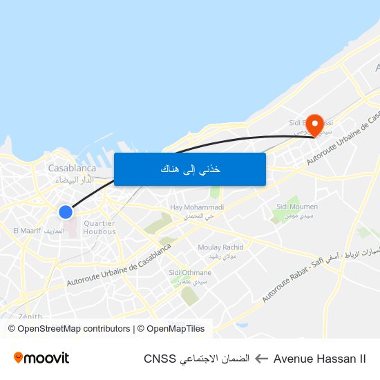 Avenue Hassan II to الضمان الاجتماعي CNSS map