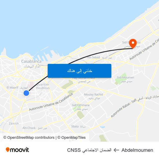 Abdelmoumen to الضمان الاجتماعي CNSS map