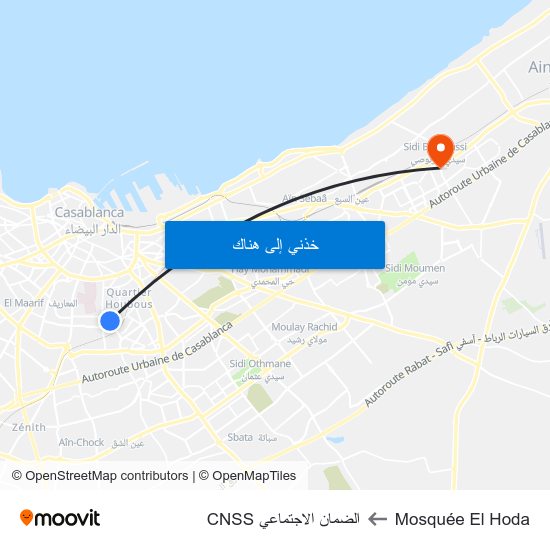 Mosquée El Hoda to الضمان الاجتماعي CNSS map