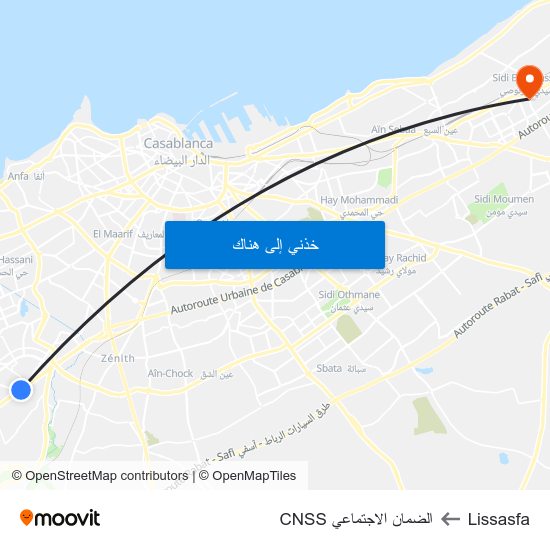 Lissasfa to الضمان الاجتماعي CNSS map