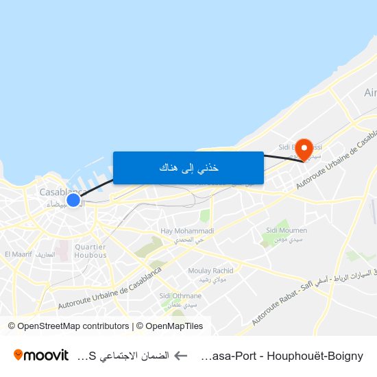 Gare Casa-Port - Houphouët-Boigny to الضمان الاجتماعي CNSS map