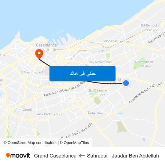 Sahraoui - Jaudar Ben Abdellah to Grand Casablanca map