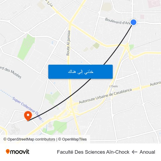 Anoual to Faculté Des Sciences Aïn-Chock map