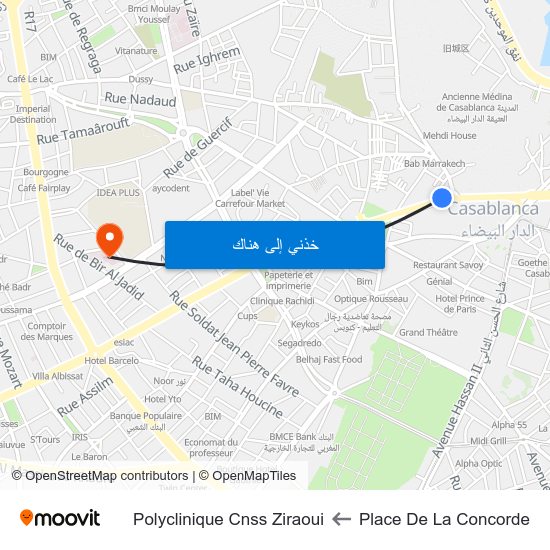 Place De La Concorde to Polyclinique Cnss Ziraoui map