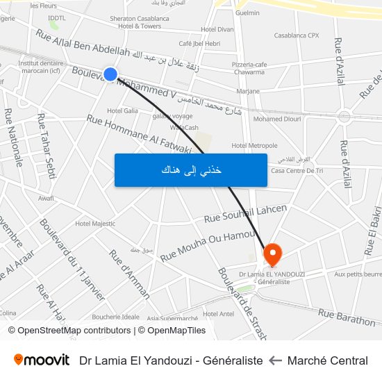 Marché Central to Dr Lamia El Yandouzi - Généraliste map