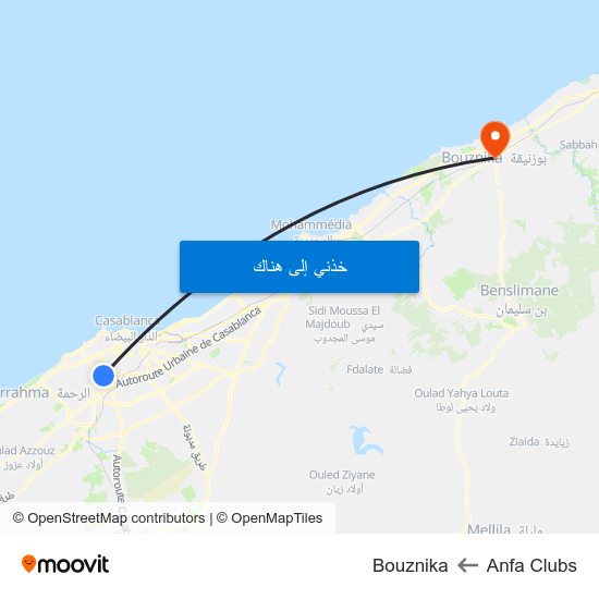 Anfa Clubs to Bouznika map