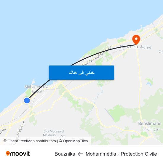 Mohammédia - Protection Civile to Bouznika map