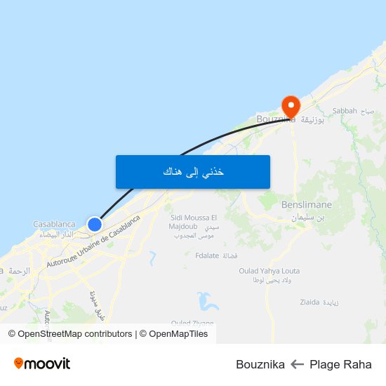 Plage Raha to Bouznika map