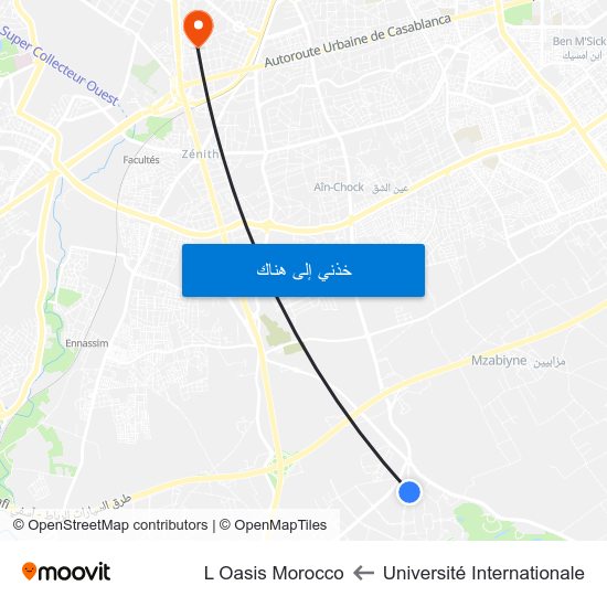 Université Internationale to L Oasis Morocco map