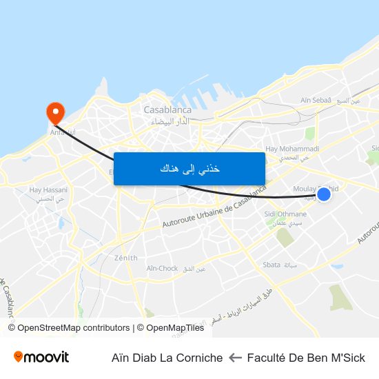 Faculté De Ben M'Sick to Aïn Diab La Corniche map