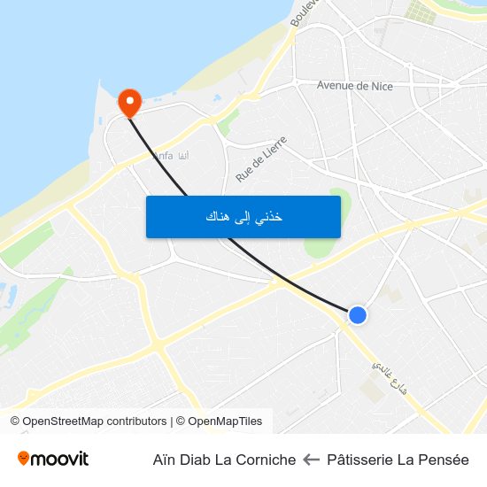 Pâtisserie La Pensée to Aïn Diab La Corniche map