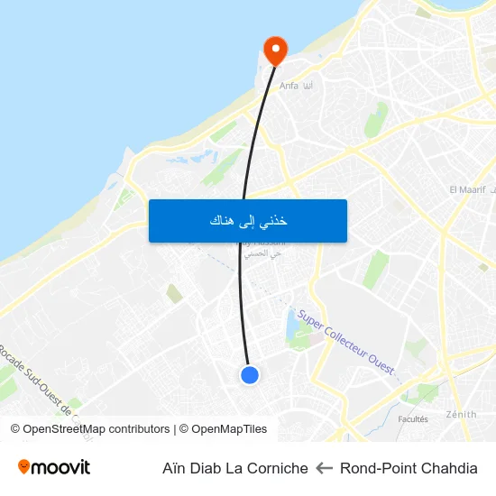 Rond-Point Chahdia to Aïn Diab La Corniche map