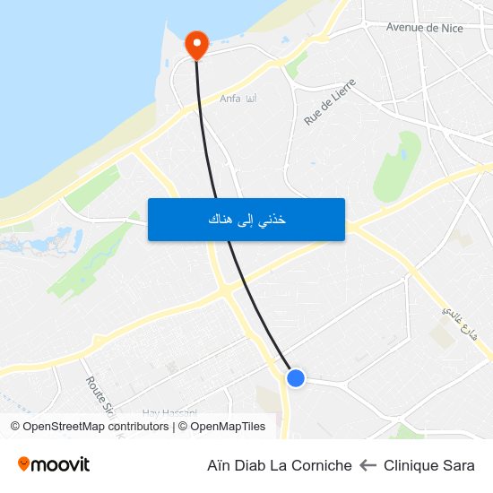 Clinique Sara to Aïn Diab La Corniche map