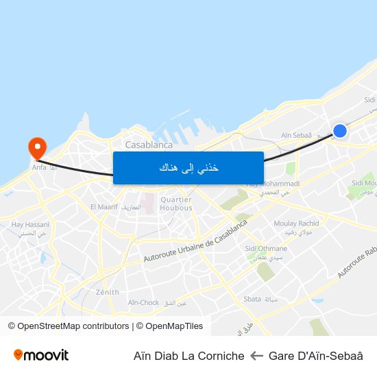 Gare D'Aïn-Sebaâ to Aïn Diab La Corniche map