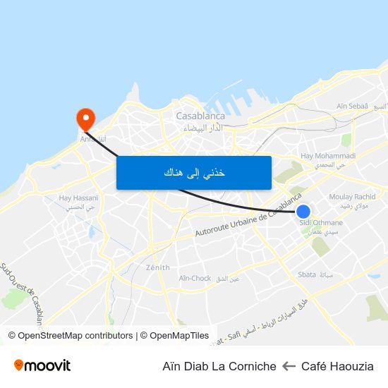 Café Haouzia to Aïn Diab La Corniche map