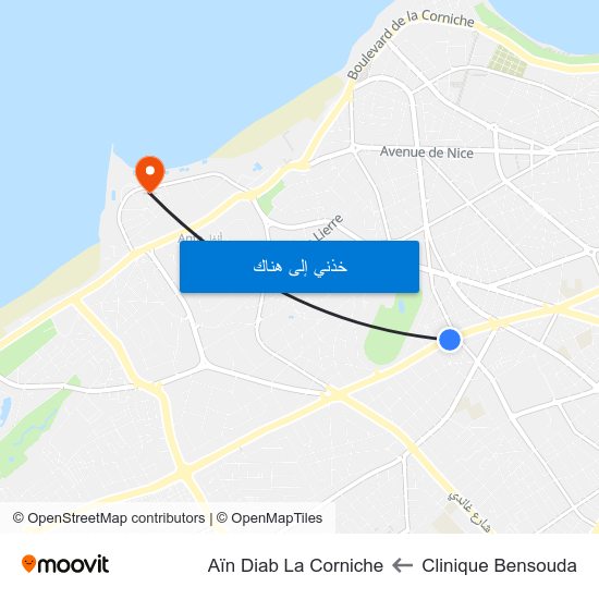 Clinique Bensouda to Aïn Diab La Corniche map