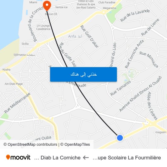 Groupe Scolaire La Fourmilière to Aïn Diab La Corniche map
