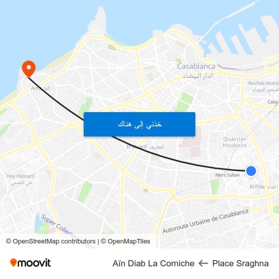 Place Sraghna to Aïn Diab La Corniche map
