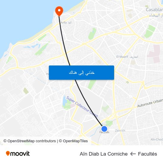 Facultés to Aïn Diab La Corniche map