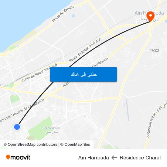 Résidence Charaf to Aïn Harrouda map