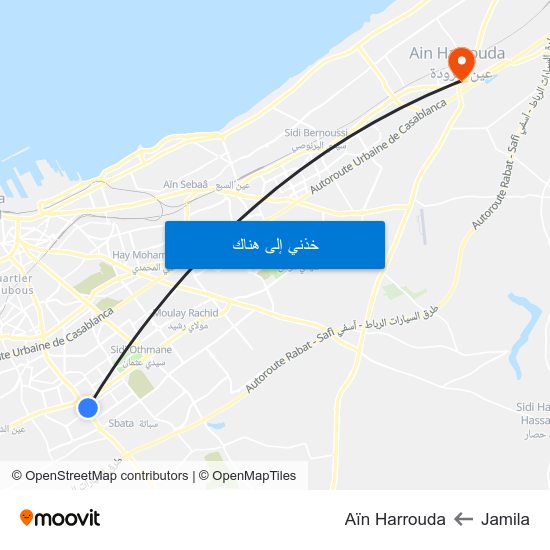 Jamila to Aïn Harrouda map