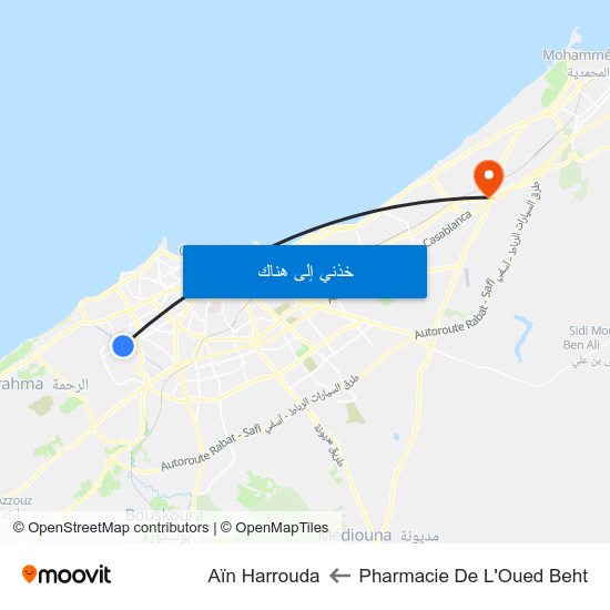 Pharmacie De L'Oued Beht to Aïn Harrouda map
