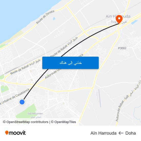 Doha to Aïn Harrouda map