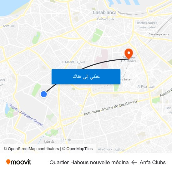 Anfa Clubs to Quartier Habous nouvelle médina map