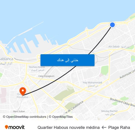 Plage Raha to Quartier Habous nouvelle médina map