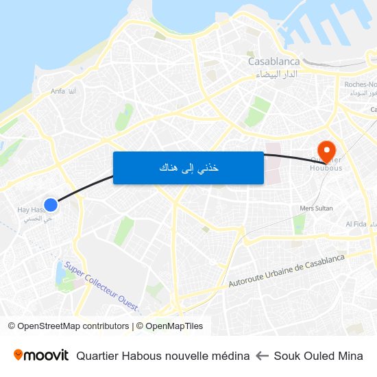 Souk Ouled Mina to Quartier Habous nouvelle médina map