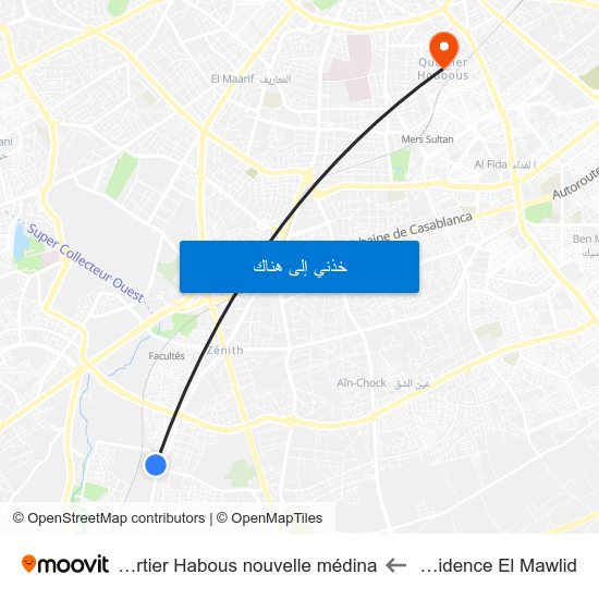 Résidence El Mawlid to Quartier Habous nouvelle médina map