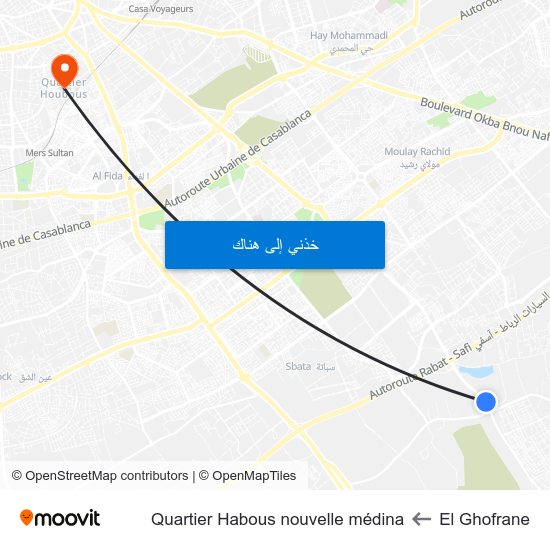 El Ghofrane to Quartier Habous nouvelle médina map